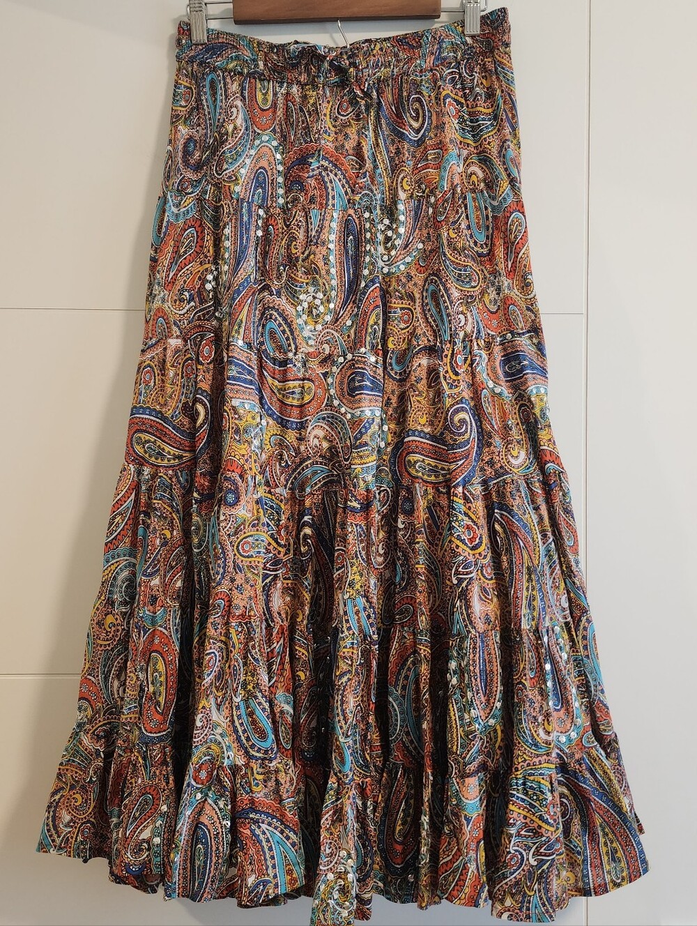 Silver Stream Cotton Vintage Bohemian Paisley Broomstick Sequined Maxi Skirt